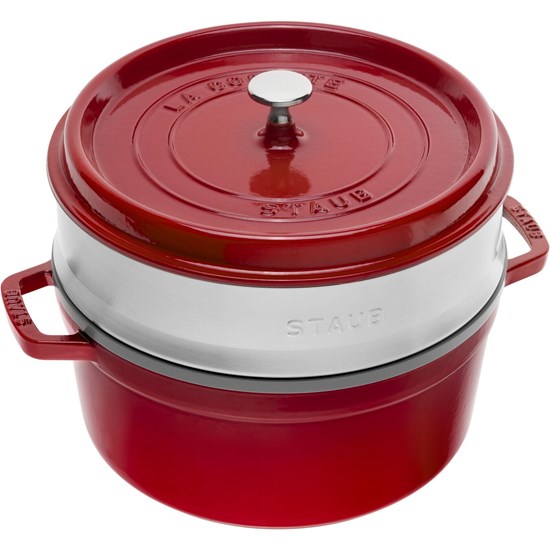 Hrnec STAUB kulatý 26 cm červený s pařákem_1